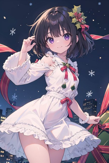 {masterpiece},  1girl,  black hair,  medium hair,  small breasts,  purple eyes,  christmas,  xmas,  christmas clothes,  ribbon,  frill,  lace,  dress,  smile