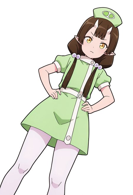 Smooth Quality,masterpiece,very intricate, high quality details, ultra realistic, high detailed skin,detailed enviorement,absurdres,
beckoning,solo,
 <lora:Care_Resumisu_CNR:0.8> care_cnr, 1girl,brown hair, pointy ears, long hair, yellow eyes, oni, low twintails, skin-covered horns, brown eyes, care_green_cnr, green dress, short sleeves, white pantyhose,puffy sleeves, puffy short sleeves, green shirt, shirt, hat, nurse cap, hair bobbles,, simple background, white background, dutch angle,
standing, hands on hips, feet apart, determined, looking forward,  ,, fur-trimmed jacket,  ,fishnet top,  ,layered skirt,,, =^=,