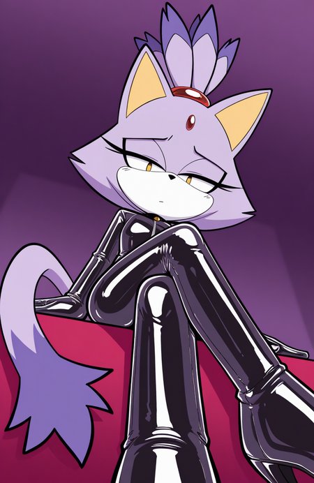 1girl, solo, latex, latex gloves, latex legwear, from below, crossed legs, looking at viewer, relaxed expression,
 <lora:qqLettuce:0.8> qqlttc, furry, blaze the cat, purple fur, topknot, ponytail, cat tail, yellow eyes, extremely detailed, highres, masterpiece, best quality