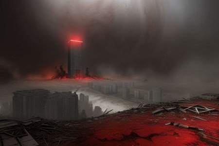 realistic, hyper-realistic, ultra detailed, 8k, photo,  
Wasteland city ruins, Collapsed modern city to ruins, red dust in every corner, very low vegetation, Collapsed city,  ruined dark skyscrapers in distance, duststorm in sky, 
Dark sky, cloudy sky, bleeding sky, dark red energy storm, 
shiny black monolith in the far distance, 
 some bone pieces in the ground,