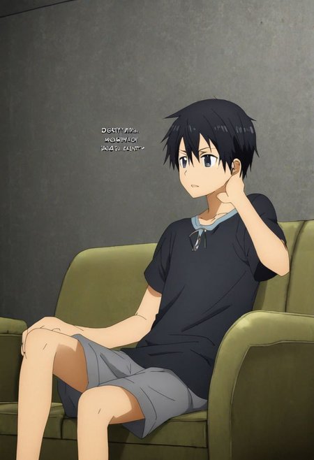 high resolution, solo, best quality, 1Boy, Kazuto Kirigaya, Black Hair, Black Eyes, deep talk, depression, sit, couch, OverallDetail