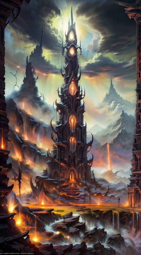 Masterwork Painting, Magnum Opus, 
HDR photo of 
Dreamscape, 
ethereal fantasy concept art of  
 <lora:Wizard_Tower-10:0.75> witow, castle, cloud, cloudy sky, grass, no humans, scenery, sky, tower, tree, 
 <lora:locon_conceptlightning_v1_from_v1_64_32:1> lghtnngprsn, lightning, storm 
<lora:Hell2_v1.0:0.8> demonic, creatures, fire, city, creepy, lava, volcano, castle,
. magnificent, celestial, ethereal, painterly, epic, majestic, magical, fantasy art, cover art, dreamy,
. Surreal, ethereal, dreamy, mysterious, fantasy, highly detailed,
. High dynamic range, vivid, rich details, clear shadows and highlights, realistic, intense, enhanced contrast, highly detailed,
  highres, 8k, uhd, High Dynamic Range, tonemapping, crisp details,  intricate details, fine details