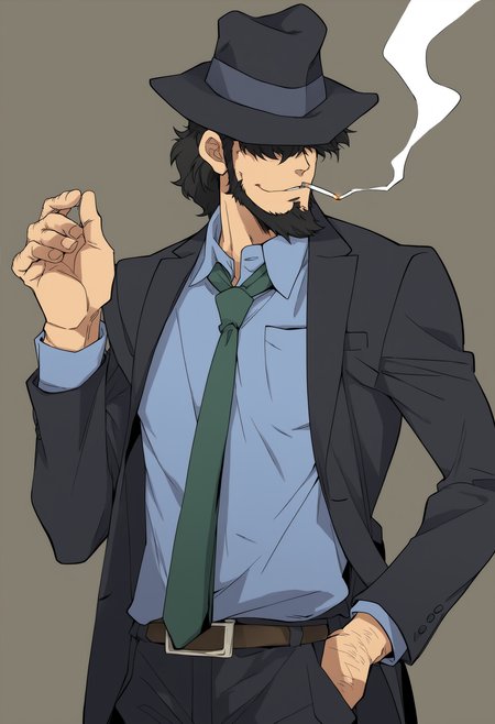 1boy, male focus, jigen_daisuke, lupin iii, black hat, black hair, messy hair, hair over eyes, sideburns, beard, cigarette, smoke, smoking, suit, hand hair, solo, simple background, dark background, best quality, amazing quality, best aesthetic, absurdres, naoesdoodle <lora:naoesdoodle_AnimeBoysXL_v0.8:1>
