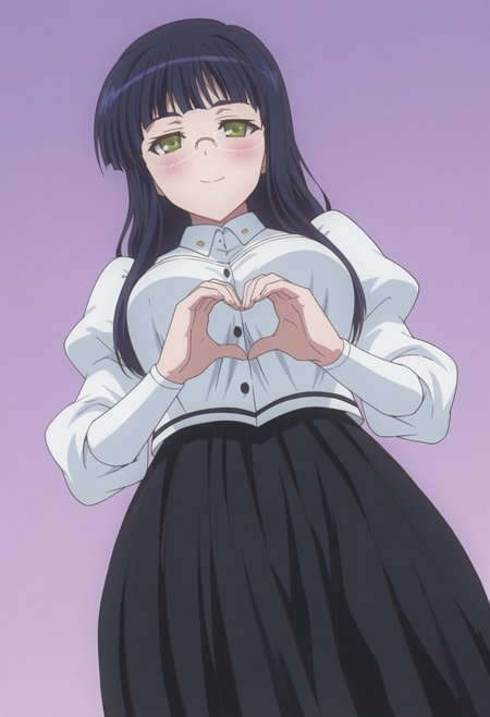anime screencap, anime coloring,  <lora:DX888Mikan:1> mikan, green eyes, black hair, long hair, hair down BREAK simple background, purple  background,  BREAK   glasses, white shirt, puffy sleeves, black skirt, long skirt, BREAK    1girl, blush, breasts, closed mouth, cowboy shot,  heart hands, solo, from below, dutch angle,smile,