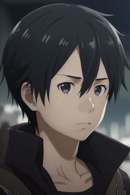 high resolution, solo, best quality, 1Boy, Kazuto Kirigaya, portraits, Black Hair, Black Eyes, shallow depth of field, Post-Apocalyptic, survival, OverallDetail