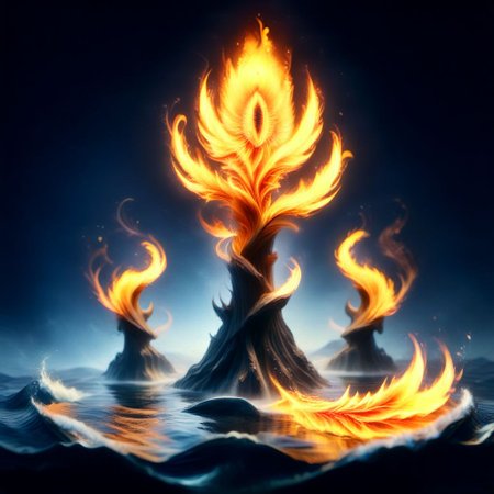 Harmonious fusion of elements, earth air fire earth and ether combined in a pentagonal shape in seamless integration, earth grounding and stable, water flowing and fluid, air swirling and free, fire vibrant and warm, united in perfect balance, elements intertwining gracefully, serene and dynamic, vibrant flames, coexistence of contrasts, nature's optimal quality, synergy of forces, essence of unity, balanced natural forces, peaceful coexistence, elemental harmony, timeless and eternal, highly detailed, masterpiece, 32k, UHD quality, pentangle, all of this inside the big cyclopic eye