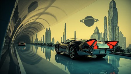 ArsMovieStill. Movie still from an abstract retro-future movie. The Smart forjeremy Concept rolls silently through a massive, translucent biodome on Titan, Saturn's largest moon. The glowing red wing-shaped taillights illuminate the mist-like atmosphere, their reflections dancing on the sleek, glass-like surface of the domed roads. The chrome Tridion safety cell mirrors the eerie, golden sky outside, where Saturnâs rings cast surreal shadows across the alien terrain. The propeller-inspired chrome rims hover just above the ground, seemingly unaffected by gravity, giving the car a ghostly, weightless quality. In the distance, towering crystalline structures shimmer under a distant artificial sun, while strange, bioluminescent plants coil and pulse along the edges of the roadway. The city feels silent yet aliveâits technology whispering in a language only the future can understand.
<lora:ral-smrtfjcnpt_flux:0.6>  <lora:Abstract_Retro_Future_Movie:1>