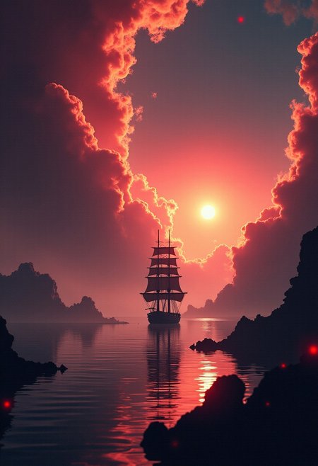 A breathtaking cinematic shot of a fantastical landscape, where a lone ship glides among star nebulae heading towards a black hole. The ancient vessel stands out against a backdrop of mesmerizing planets, painted in vibrant shades of fiery orange and pink, which smoothly merge with the inky black of interstellar space. A red star casts a soft glow, illuminating the lines of the ancient sailboat. Detailed masts, sails and rigging are drawn. The vastness of space evokes a sense of calm, wonder and awe. The lone ship adds a fantastical atmosphere of mystery and adventure, inviting the viewer to embark on a fairytale journey to the edge of the universe. This conceptual work of art masterfully combines vast beauty with artistic imagination, capturing the magic of space and the charm of distant nebulae.