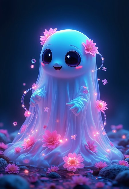 art by anne stokes,mandy disher, "highly detailed & intricate professional photography of an adorable friendly chibi ghost in a sheet composed of translucent Electroluminescent jelly; wearing flowers like the 1970s; Abstract concept art; 8k resolution; a trending masterpiece on Artstation; Captured in vivid triadic colors using Unreal Engine 5 and Octane for CG Society, the image is a surreal feast for the eyes", luminism, ultra highly detailed, 32 k, complex background, dynamic lighting, lights, digital painting, intricated pose, highly detailed intricated. Studio Ghibli Genshin Impact