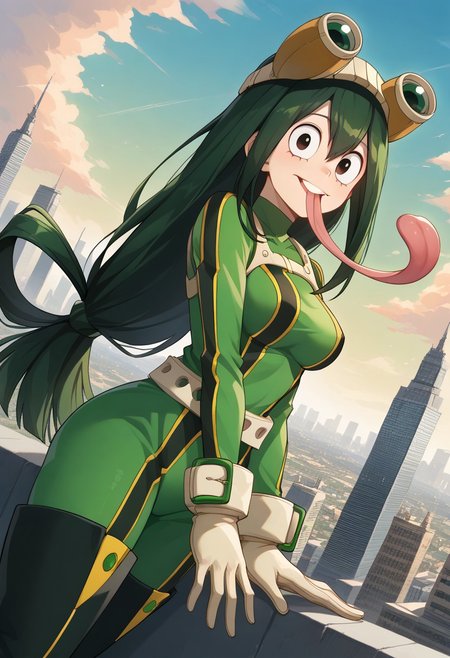 Mogudan, score_9, score_8_up, score_7_up, source_anime, prefect lighting, very aesthetic, intricate details, highly detailed background, masterpiece, high quality, prefect hands, best quality, uncensored, nsfw, 1girl, solo, medium breasts, Asui Tsuyu, green hair, black eyes, low-tied long hair, hair between eyes, hair rings, green bodysuit, googles on head, white gloves, thigh boots, belt, extremely long tongue, mouth open, outdoors, cityscape, rooftop, blue sky, cowboy shot, Dutch angle, smile, looking at viewer