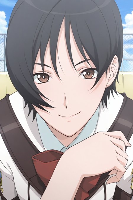 masterpiece, best quality, source_anime,official art,perfect_anatomy,1girl,Motoko_Hara,black_hair,short_hair,school_uniform,(face focus, beautiful detailed face,looking_at_viewer,smile),crossed_arms,cowboy_shot,day,blue_sky,cloud