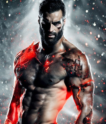 portrait of gigachad, city bokeh background, art by bforangeteal, extremely detailed, embers, debris, art by photohelper, masculine, skin pores