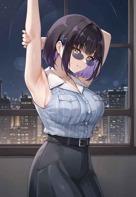 MorridowCasual, sleeveless shirt, large breasts, black hair, bangs, short hair, blue shirt, black belt, sunglasses, collared shirt, bare shoulders, long skirt, multicolored hair, breast pocket, hair ornament, yellow eyes, black skirt, collarbone, striped, purple hair, shirt tucked in,

looking away, head tilt, light smile, arms up, stretching, armpit, sweat, sweatdrop, from side,
 
window, city, cityscape, dark, night, night sky,

1girl, solo, solo focus, highres, absurdres, light particles, shade, lens flare, shiny skin, fine fabric emphasis,