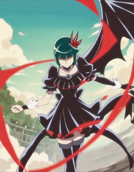 score_9, score_8_up, score_7_up, 1girl, solo, anime screencap, thighhighs, wings,single wing, yellow eyes, green hair, short hair, gloves, bob cut, elbow gloves,  black choker, dress, hair ornament, zettai ryouiki, bow, wrist cuffs ,battle,<lora:darkprecure:0.8>