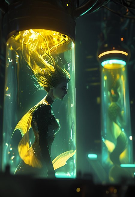 score_9, score_8_up, score_7_up, score_6_up,  Mermaid with Large translucent dark-yellow Fin tail floating in stasis-tank, cyberpunk, backlight, a dark eerie laboratory background, closeup portrait, atmospheric haze, Film grain, cinematic film still, shallow depth of field, highly detailed,