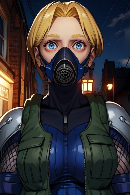 DoctrineDark,blonde hair,blue eyes,muscular,short hair, 
DDArmor, armor,gas mask,fingerless gloves,bodysuit,vest,boots, fishnets,
night,  standing, upper body,  solo
 (insanely detailed, beautiful detailed face, masterpiece, best quality) 
 <lora:DoctrineDark:0.8>