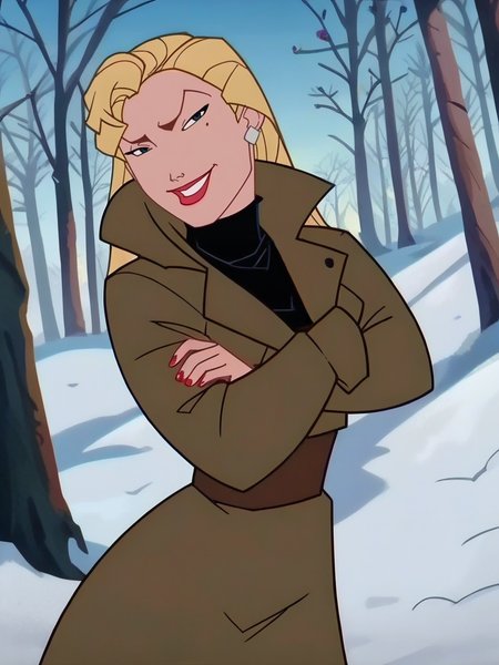 score_9, score_8_up, score_7_up, 1girl, winter, forest, snow, detailed background, smile, looking at viewer, smile, cowboy shot, (dynamic pose:1.1), dynamic angle, sexy pose, from below,
 <lora:HelgaSinclair_character:1>,HelgaXLP, blue eyes, blonde hair, long hair, earrings, mole under eye, lipstick, turtleneck sweater, big coat, anime screencap,