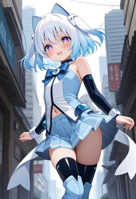 1000-chan, blue hair,  animal ears, cat ears, purple eyes, gradient eyes, short hair, gradient hair, white hair ornament, symbol-shaped pupils, flatchest,
blue bow, bare shoulders, arm warmers, white anklet, blue detached sleeves, blue pleated skirt, navel peek, white back bow, zettai ryouiki, black thighhighs under boots, blue thigh boots,
 <lora:1000-chan_Illustrious-XL-2.0_v1:1>, masterpiece,best quality,amazing quality, solo,1girl,, standing, (dynamic pose) , blush,
looking at viewer,cowboy shot,open mouth,light smile, 
(outdoors,city )