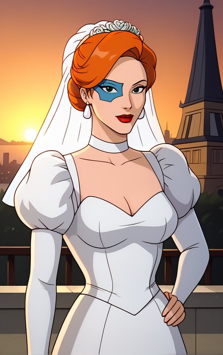 score_9, score_8_up, score_7_up, looking at viewer,  BREAK
WeddingDress_FoxXanatos_ownwaifu, 
1girl, eye mask, facial tattoo, green eyes, hair bun, hair ornament, lipstick, orange hair, makeup, red lips, medium breasts, 
wedding dress, veil, choker, earrings, jewelry, puffy sleeves, dress, white dress, bridal veil, cleavage, juliet sleeves, long sleeves, white choker, collarbone, scarf
(contrapposto, hand on hip), sunset, sidelighting, cityscape, outdoors, <lora:PONYXL_Gargoyles_FoxXanatos_ownwaifu:1> , depth of field, solo,