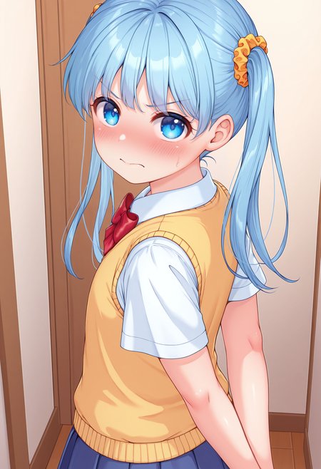 highres, best quality, masterpiece, indoors,
1girl, solo, otomoyki, long hair, blue hair, blue eyes, twintails, hair scrunchie, flat chest,
school uniform, red bowtie, short sleeves, white shirt, yellow vest, pleated skirt, blue skirt,
looking at viewer, blush, embarrassed,
from side, angry, arms behind back, 
<lora:_yuki_otoomo-elesico-ilxlD:1>