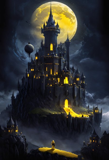 castle,
A traveler looking at a gigantic castle made of dozens of towers, medical, white, grass,matchcraft floating island , floating island, towers , sky , fly , cloud,castle, matchcraft floating island, dark, chiaroscuro, low-key, Dark Fantasy page, moon , yellow moon , light yellow