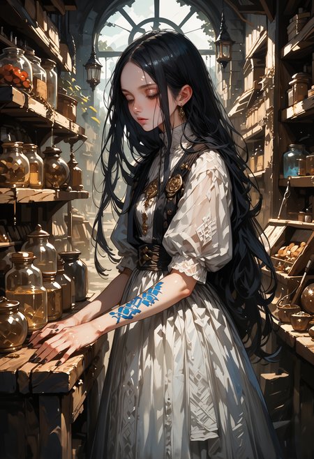 score_9, score_8_up, score_7_up,  1girl,long hair,solo,black hair,pale skin,shiny,jewelry,black nails,shiny skin,white dress,shiny hair,fingernails, arcane merchant, blue tattoo, in a magic store, potions on the walls, magic items, orbs, wands, medieval fantasy, 0ddmag1c, curio, shop, oddity  <lora:cr33pp41ntXLP:0.8> cr33pp41nt <lora:Expressive_H-000001:0.8> expressiveh,  <lora:sinfully_stylish_SDXL> <lora:Pony_DetailV1.0> <lora:oddities_shop_specimen:0.8>