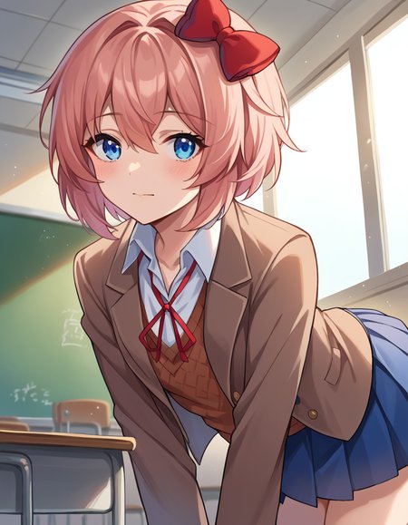 score_9, score_8_up, score_7_up, source_anime,
ddlcsayori, <lora:ddlc-sayori-ponyxl-lora-nochekaiser:1>
ddlcsayori, blue eyes, hair between eyes, hair bow, hair ornament, pink hair, red bow, short hair,
blue skirt, pleated skirt, school uniform, skirt, brown jacket, jacket,
indoors, classroom, bent over,
looking at viewer, dutch angle, cowboy shot,
