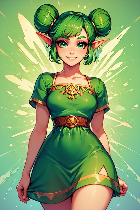 score_9, score_8_up, score_8, medium breasts, (curvy), cute, eyelashes,       BREAK, , zzFarore, green eyes, green hair, double bun, pointy ears,  bangs, green dress, collarbone, short sleeves  <lora:Farore_Zelda_PDXL:0.5>, , BREAK, smile, looking at viewer,  abstract background, white outline, cowboy shot, embedding:zPDXL, Expressiveh, <lora:CatalystStylePDXL:0.6>,  <lora:SDXLFaeTastic2400:0.5>,  <lora:Expressive_H-000001:0.4>,