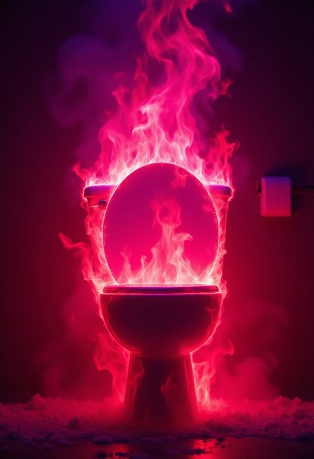 A realistic toilet, completely engulfed in flames, inferno, blazing, concept art, masterpiece, perfect lighting, purple and pink flames, realistic flames, 8k, absurdres, massive fire - rendered in the highest quality, realistic bathroom background, A3ther