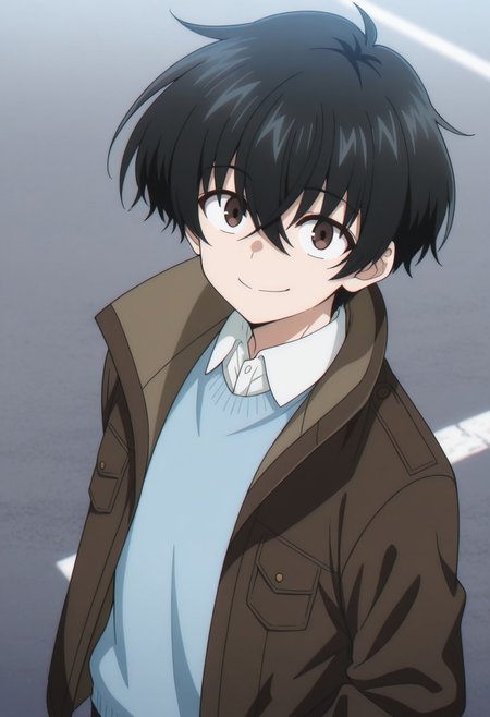 masterpiece,best quality,amazing quality, source_anime, 
KeitaroGentoga, 1boy, male focus, solo, brown eyes, black hair, shirt, white shirt, collared shirt, blue sweater, jacket, brown jacket, open jacket, smile, looking at viewer, outdoor,