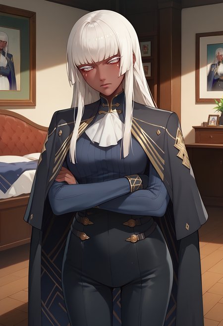 score_9, score_8_up, score_7_up, anime screencap, source_anime, 1girl, solo,
<lora:Brigitta_Metaphor_ReFantazio_V1:.85>, KJObrigitta, white hair, long hair, white eyes, blunt bangs, facial mark, dark-skinned female, 
uniform, cape, pants, 
crossed arms, expressionless, head tilt, blush, looking at viewer, 
room, wooden floor, picture frame, 
(Beautiful, medium Breasts:1.2),