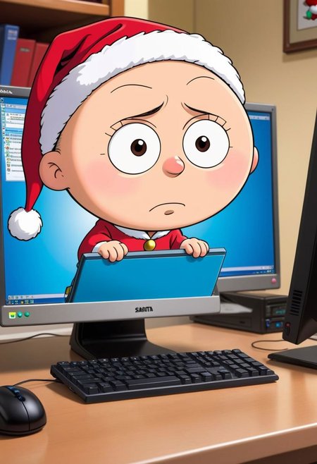 Stewie Griffin from the Family Guy, wearing Santa Hat, hacking on computer