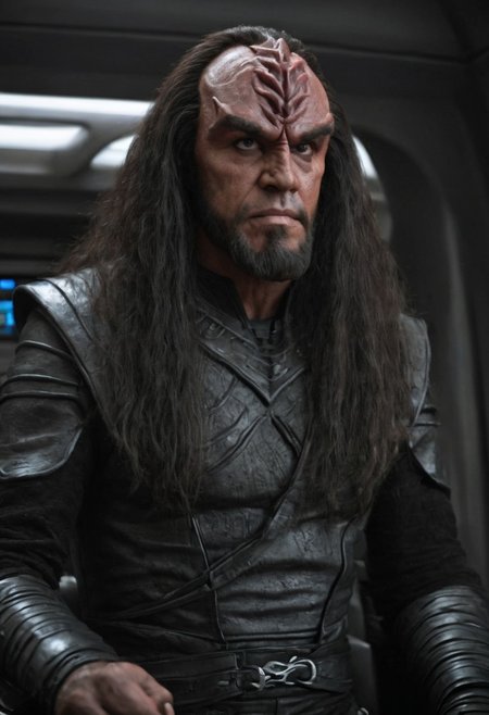 8k, hyper realistic, full shot, Klingon male, black leather uniform, large klingon forehead, on a spaceship, dark lighting, dark hair, mean expression, Detailed natural skin and blemishes without-makeup and acne, look.