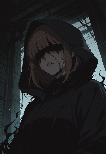 solo, ethereal, ultra-detailed, cinematic lighting, halfturned, particles, mesmerizing, portrait, (from below:0.7), 

industrial  background, dark, 
horror, 

black aura, black liquid, 
(no eyes:1.2), (shadowed face:1.1), anguished, 
from side, turned to viewer,  

1girl,  short brown hair, bangs,  black coat with hood on, (dark blue jeans, brown shoes:0.3),


masterpiece,best quality,amazing quality, detailed, 
