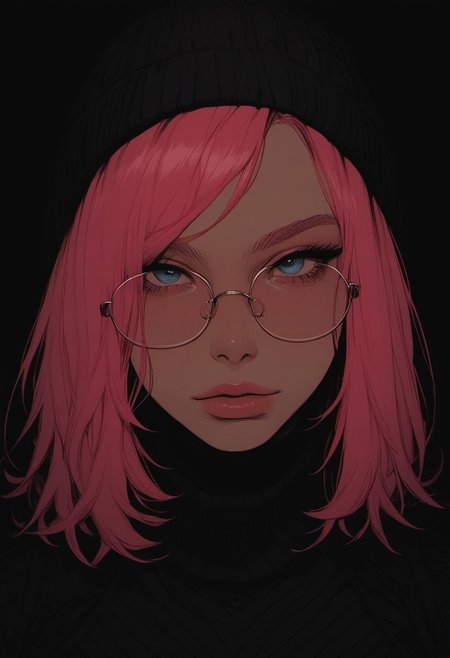 score_9, score_8_up, score_7_up, high detailed, high quality, masterpiece, no text, quality highlights, 8k detail, detailed background, source_anime, dynamic view, hentai, ultra-detailed,
a cute woman, pink hair bob, wearing skin tight black turtle neck and a beanie, thin-rimmed round glasses, front view, (hi-top fade), (dark theme:0.9), soothing tones, muted colors, high contrast, (natural skin texture, hyperrealism, soft light, sharp), close up