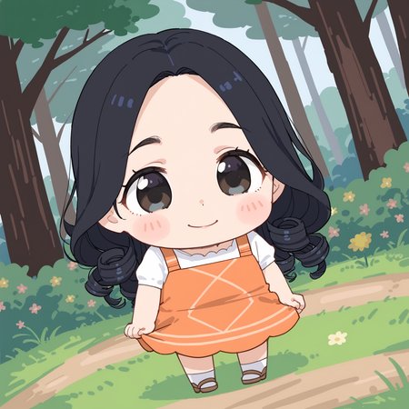 PonyScores7, source_anime, rating_safe, ah1, 1girl, (curly hair), long hair, (black hair), mature female, (parted hair:1.7), (round face:1.2), (no_bangs:1.3), (no_fringe:1.6), (thick eyebrows), (curvy), round-chin, (greenish hazel eyes), caucasian, (downturned eyes:1.2), (plump face), <lora:ETO_OCPonyXL:0.5> eto_oc, smile, (Dutch Angle (from behind) view medium Close shot (focus on legs)), (grazing in the forest), (enchanted woodland where the flowers glow with inner light and the air is filled with the sound of laughter), looking at viewer, <lora:bkub-PonyXL-1024px:0.8> chibi