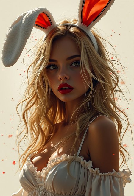 Silhouette Art, magnificent, photorealistic inksplash, crisp lines, bunny girl, blonde loose hair, red lips, bunny costume, fake bunny ears on headband, sultry, alluring, facing viewer, cowboy shot, directional lighting