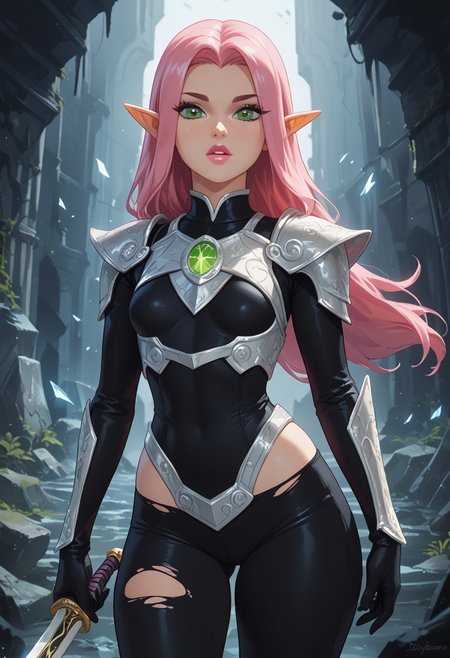 score_9, score_8_up, score_7_up, realistic,zPDXL3, Pov from the side, dynamic pose, beautiful, pink hair, female elf, glowing green eyes, long hair, small breasts, pink lipstick, parted lips, shattered dark black armor with silver glowing details, damaged armor, ripped clothes, no panties, enchanted runesword, the sword is black with silver glowing details, dungeon background,
BREAK
 (8k uhd:1,4)
<lora:add-detail-xl:1>
<lora:Dynamic Poses:1>
<lora:DandonFuga_Style_v.2_-_Pony:0.8>