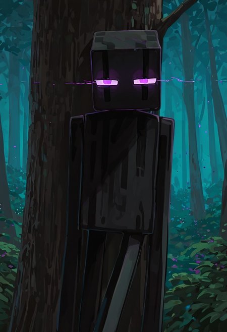 masterpiece, best quality, amazing quality, very aesthetic, absurdres, newest, , detailed background, 
klskx
enderman, no humans, purple eyes, rectangle eyes, , solo, male focus, black skin, no mouth, square head, square body, black head , pokemon (creature), 
night forest, looking at viewer, leaning on tree, green forest, dark forest, horror, glowing eyes,