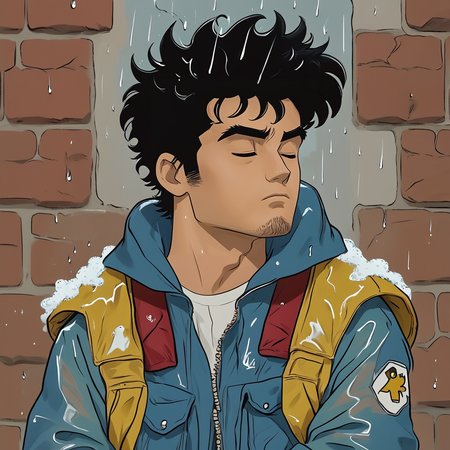 Score_9, score_8_up, score_7_up, score_6_up, BREAK  <lora:Retro_Anime_Flat_ColorsPony:1> ArsMJStyle, Retro Anime Flat Colors, The image is an illustration of a young man standing in front of a brick wall. He is wearing a blue jacket with a yellow hood and a red backpack. His hair is styled in a messy spiky manner and he is looking up towards the sky with a peaceful expression on his face. The raindrops are falling around him creating a sense of calm and serenity. The overall mood of the image is one of calmness and tranquility., 1boy, male focus, solo, rain, black hair, jacket, hood, shirt, facial hair, closed eyes