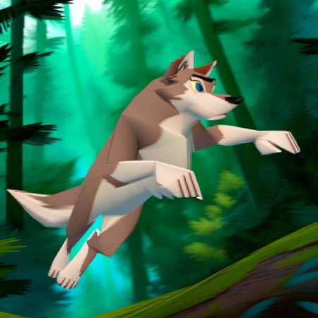 score_9, score_8_up, score_7_up, score_6_up, solo, aleu, wolf, two tone fur, blue eyes, yellow sclera, forest, n64zeldastyle, 3d, polygonal, forest, jumping, running, dynamic pose