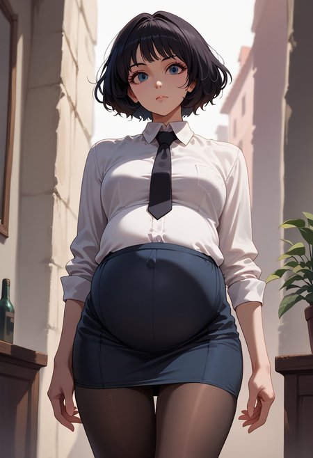 score_9, score_8_up, score_7_up, medium wide hips, medium wide legs, skirt, pantyhose, formal shirt, necktie, tie, black tie, white shirt, black hair, short hair, big hair, pretty face, beautiful face, slim body, medium breast, , , Anna Charlotte, short woman, pregnant, covered navel,