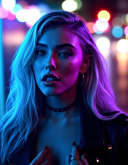 A highly realistic depiction of a woman Mad1B2024 with ice-blue hair and sharp features, lit by neon lights in shades of blue and pink. The light plays across her pale skin, casting colorful highlights on her cheekbones and neck. Her eyes are wide, reflecting the neon glow, and her lips are a dark, glossy red. The background is a blurred mix of city lights and shadows, giving the image a modern, urban feel with a retro noir aesthetic. 

She is wearing leather jacket with a choker on her neck with complex ear piercing.She has tattoo on her shoulder.

 soft, glossy texture to the lips, with realistic reflections and subtle texturing to emphasize the natural folds and curves. fine, detailed strokes to enhance the eyelashes, adding natural variations in length and curvature for a more lifelike appearance.

She is standing on One leg bent slightly, hand resting on her knee, looking straight ahead.














