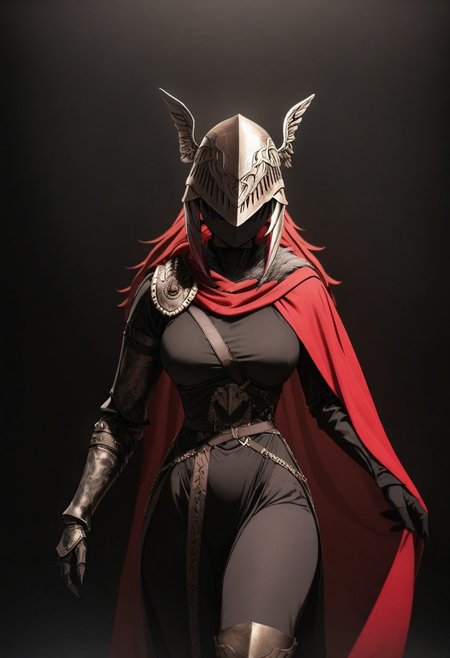 (Masterpiece), high quality, absurdres, BL4CK3STBL4CK, black_theme, matte_color, flat_color, (no_humans), vantablack, art, a woman with red hair, winged helmet, sword, red cape, Black_theme, dark lighting, black background, contrast
