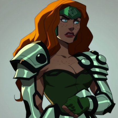score_9, score_8_up, score_7_up, 1girl, solo, lipstick, orange hair, long hair, freckles, blue eyes, cleavage,  fingerless gloves, headpiece, armor, shoulder armor, leotard, Knockout (dc)