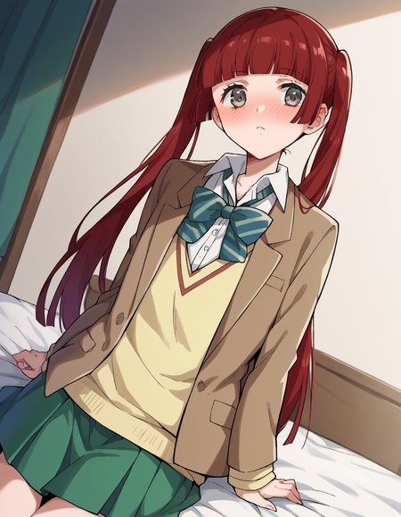 score_9, score_8_up, score_7_up, source_anime, <lora:n-arisugawa-oc-ponyxl-lora-nochekaiser:1>, n-arisugawa, long hair, red hair, bangs, blunt bangs, hime cut, grey eyes,, twintails, skirt, long sleeves, school uniform, jacket, miniskirt, green skirt, blazer, brown blazer, sweater vest, yellow sweater vest, bowtie, green bowtie, striped bowtie, collared shirt,, indoors, bed, bed room, on side, blush, drunk, looking at viewer, solo,, cowboy shot, dutch angle