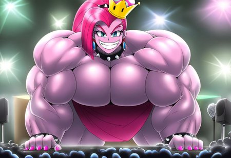 Pinkamena Diane Pie, Equestria Girls, poseMega, 1girl, breasts, super crown, collar, large breasts, bracelet, crown, ponytail, long hair, smile, jewelry, teeth, nail polish, grin, pink_dress, leaning_forward, shirtMega, poseMega, big muscle,large muscle,hyper muscle,huge muscle,thick limbs,thick thighs,thick arms, full body, monster muscles, giantess, microphone, holding microphone, singing, stage, neon lights, best quality, masterpiece, highres