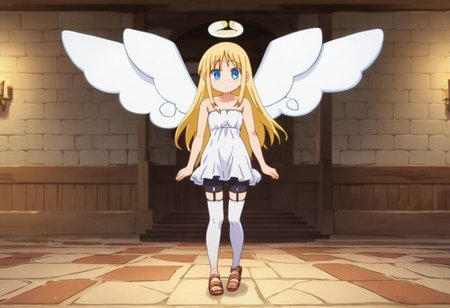 crimvael \(interspecies reviewers\),, blue eyes,blonde hair,long hair,angel,halo,wings,white dress,strapless,bare shoulders,bike shorts,sandals , thighhighs, indoors , standing ,  score_9, score_8_up, score_7_up, ,source_anime, best quality, masterpiece,   , full body view ,   garter straps, collarbone ,  1girl , solo , girl focus ,