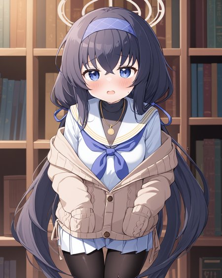 ui \(blue archive\),1girl, solo, halo, white_skirt, hairband, blue_neckerchief, blush, sweat, looking_at_viewer, pleated_skirt, open_mouth, white_sailor_collar, long_sleeves, cardigan, necklace, black_pantyhose, black_undershirt, white_serafuku, clothes_lift, low_twintails, bookshelf, lifted_by_self
<lora:ui_(blue_archive)_image2537_2023-11-28:1>halo. gorgeous,key visual, vibrant, studio anime,award-winning, professional, highly detailed,high budget, cinemascope