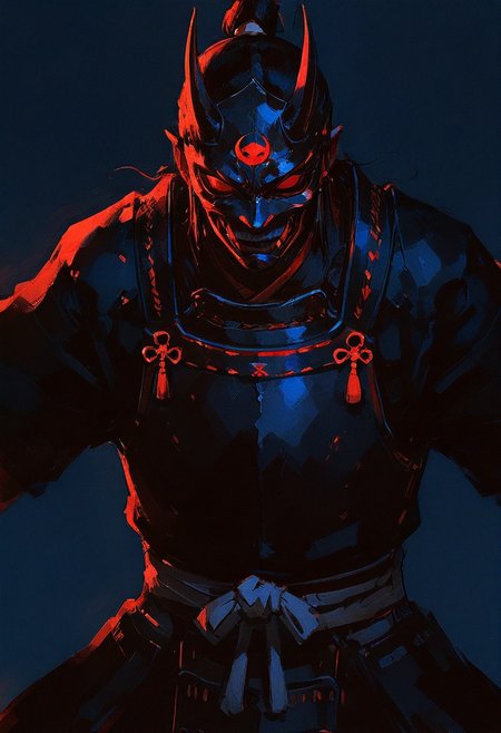 film grain, realistic, sketch, 
masterpiece, best quality, amazing quality,
cinematic, samurai, red and black armor, demon mask, dynamic pose,
(dark blue background:1.1), simple background, dark theme,
<lora:YTSKX-WAI:0.8> <lora:ponyv6_vpred6:0.3>